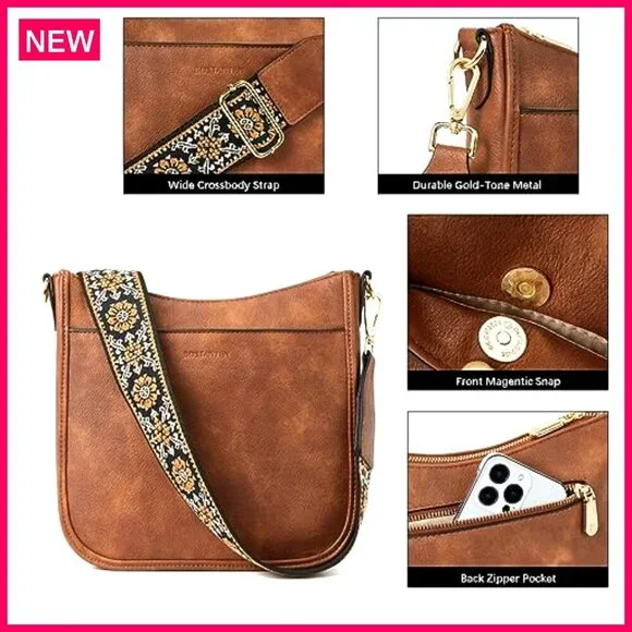 Vegan Leather Crossbody Bag with Wide Strap, Adjustable Hobo Purse - Picture 7 of 8